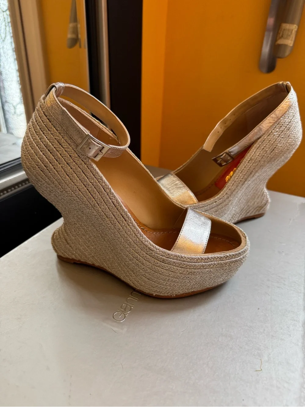 Paloma Barceló Metallic Silver Platform Peep-Toe Sandals with Ankle Strap